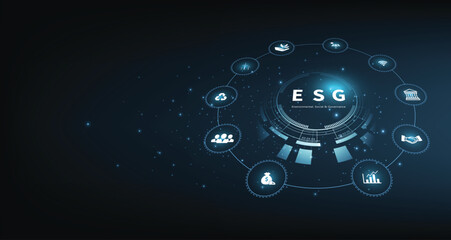 Wall Mural - sustainable business on networked connection vector illustration on blue color background. esg icon 