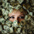 woman in a pile of money with happy eyes, wealth prosperity bloom dream