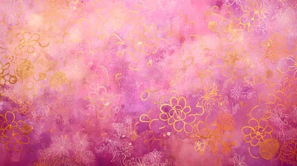 Wall Mural - Pink dreamy, weathered, watered beautiful journal paper texture. Flowers, shapes, stars, suns, circles or lines shapes in gold and pink hues. Seamless retro flower, nature design, texture and pattern.