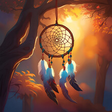 Dream Catcher Hanging On A Tree. Sunset. Illustration.