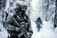 Portrait Of A Special Forces Soldier With Assault Rifle In Winter Forest