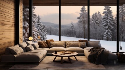 Poster - Beautiful living room with wooden walls and winter landscape outside the window