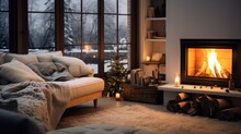  Cozy Living Room Winter Interior With Fireplace