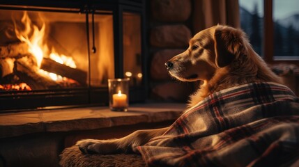 Poster - Cozy home interior, dog lies next to the fireplace