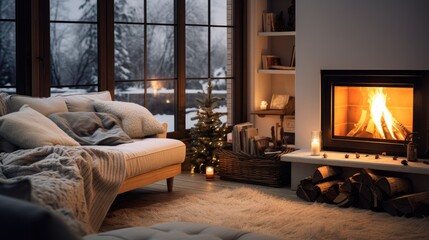  Cozy living room winter interior with fireplace