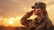 Army Solider Saluting against sunset sky
