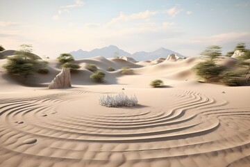 A tranquil Zen garden with raked sand patterns.