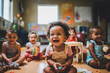 multicultural daycare center with African American toddler babies. Group of workers with babies in nursery or kindergarten playful.