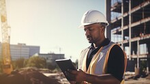 Portrait Of Male Engineer With Hardhat Using A Digital Tablet While Working At Construction Site