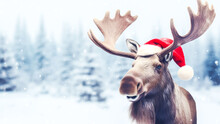 Winter Holiday Composition With Funny Moose In Santa Claus Hat On Snowy Forest Landscape Background. Hello Winter. Concept Of Christmas, New Year, Winter Vacation. Wild Life. Copy Space