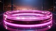 abstract geometric background, glowing pink ring, neon round frame and reflection in the water. Minimal futuristic blank showcase scene for product presentation.