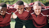 Fototapeta  - Happy man, rugby and team in huddle, scrum or playoffs on outdoor field together in nature. Group portrait of sporty people or athlete smile in teamwork motivation for match start or game outside