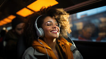 A Smiling Young Woman On Public Transport Happy Listening To Music With Headphones