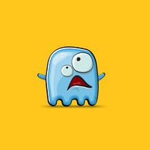 Funny Cute Smiling Blue Ghost Monster Isolated On Orange Background. Ghost Cartoon Character And Cute Emoji. Halloween Spirit Element.