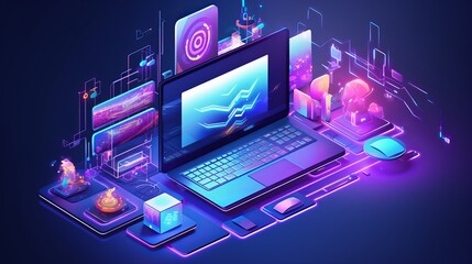 Wall Mural - isometric computer technology illustration with pc, laptop, and mobile devices on desk - programming