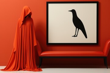 Wall Mural - A black bird sitting on top of a red bench. AI.