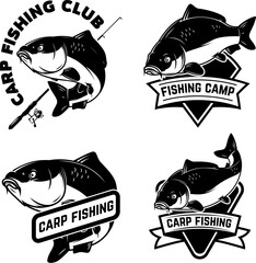 Wall Mural - Set of carp fishing emblems in monochrome style. Carp fish logo, label, sign, poster, badge.