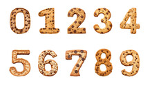White Cookie Font Type Numbers From 0 To 9, Cartoon Alphabet Typeface Numbers, Bakery Sweet Food Numbers. Cookie Font Cake Candy Or Chocolate Pastry Typeset For Birthday, Typography. High Quality