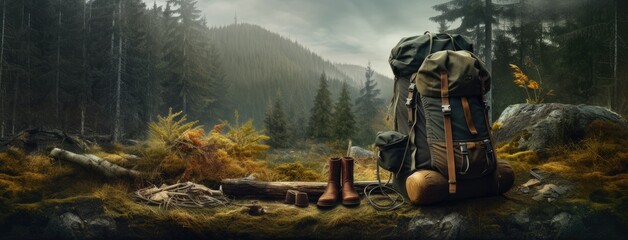 hiking and camping in a lush forest. In the foreground, there's a well-worn backpack, a water bottle, and a pair of sturdy leather ankle boots, all set against the backdrop of towering trees.