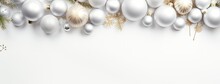 A Christmas Or New Year Banner Set Against A Snowy White Background. The Banner Is Elegantly Framed By Matching White Christmas Decorations, Creating A Serene Winter Wonderland Ambiance.