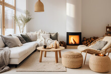 Rattan Lounge Chair, Wicker, Pouf And White Sofa By Fireplace. Scandinavian, Hygge Home Interior Design Of Modern Living Room.