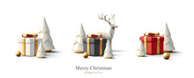 Christmas Decorations Vector Collection. Set Of Realistic 3d White Gold Trending Statuettes For Christmas Design Isolated On White Background. Christmas Tree, Deer, Gift Box.