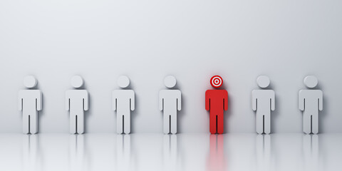 Aufkleber - Stand out from the crowd and different creative idea concepts one red target marketing man  amongs other white people on white gray background with shadows and reflections 3D rendering