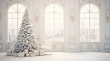 A Majestic Christmas Tree In A Spacious, White Room With Arched Windows. Adjacent To The Tree Is A White Chair, And Beneath The Tree Lie Numerous White Gifts, Toys.