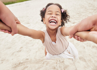 Poster - POV, parent spinning child in park and playing, laughing and spending family time together with smile. Summer weekend, hands of person and girl having fun in nature with happiness, love and support.