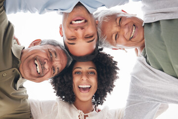 Sticker - Excited, portrait and a family with a huddle in nature for summer, bonding and fun together. Low, laughing and senior parents with a young man and woman with love, care and community at the beach