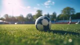 Fototapeta Sport - A soccer ball lies on the green grass