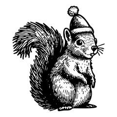 Wall Mural - cute squirrel wearing a Santa Claus hat Christmas sketch