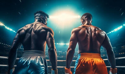 Wall Mural - Two emotional strong man boxers in dynamic action in boxing ring