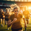 © Andrii IURLOV - Women's football, a female's team runs across the field of the stadium under the setting sun