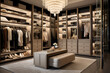 © aicandy - Modern luxury and functionality showcased in an elegant walk-in closet with art deco inspired design, offering spacious storage, glamorous display, and trendsetting organization for clothing