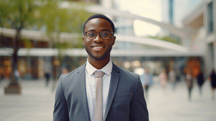 Wall Mural - Cheerful smiling young smart man in a business suit and glasses standing in city center looking at camera, outdoors