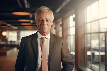 Cheerful smiling senior man in a suit standing in an office, manager or businessman