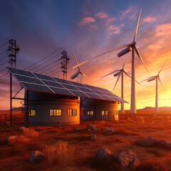 Modern Wind turbines and solar panels sunset light. Concept eco green renewable energy.Background