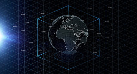 Hologram earth, planet and coding in space for global network, cube and cybersecurity and lens flare. Holographic world, overlay and futuristic light for digital transformation in technology abstract