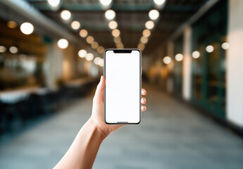 hand holding smartphone,  blank white screen	
