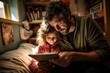 Father and daughter play and learn from the tablet together. Generative AI.