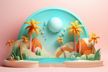 Sticker - Tropical island stage podium with palm trees and sea paper cut art background.