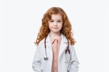 Canvas Print - A young girl wearing a white lab coat and a pink tie. This image can be used to depict a child scientist or a future professional in the field of science or medicine.