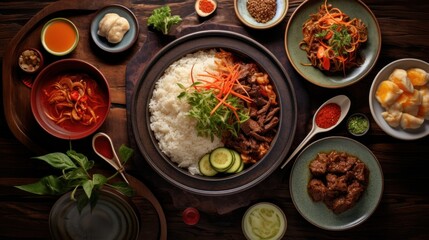 A top-down view of an Asian culinary backdrop featuring diverse ingredients, set on a rustic stone surface, highlighting Vietnamese and Thai cuisine