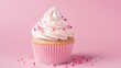 Vanilla cupcake with cream cheese frosting and pink sprinkles on a pink background. Valentine's Day or birthday dessert. Generative AI