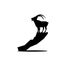 Black Silhouette Of A Mountain Goat On A Rock.