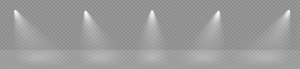 Fototapete - Modern spotlight ray studio png scene. Transparent lamp beam cinema effect. Club empty stage glow. Projector festive vector illustration