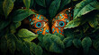 Butterfly's eyes peering through broad leaves, wings camouflaged in vibrant rainforest understory.