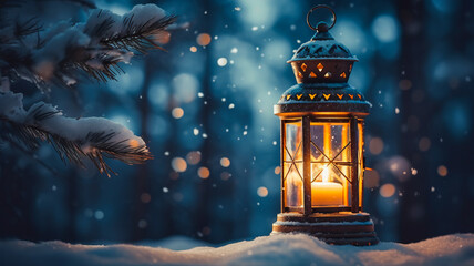 Wall Mural - Christmas New Years greeting card with lit vintage lantern in snow in night winter forest. Cozy festive magical atmosphere