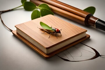 diary with wooden cover , scrap book with wooden cover, butterfly sitting on it, album with wooden c